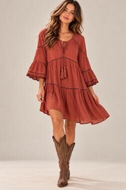 Anthropologie Moon River Dress S Rust Boho Tiered Bell Sleeve Embroidered Tassel
